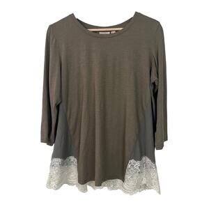 LOGO Lounge Lori Goldstein Medium Olive‎ Lace Trimmed 3/4 Sleeve Mixed Media Top